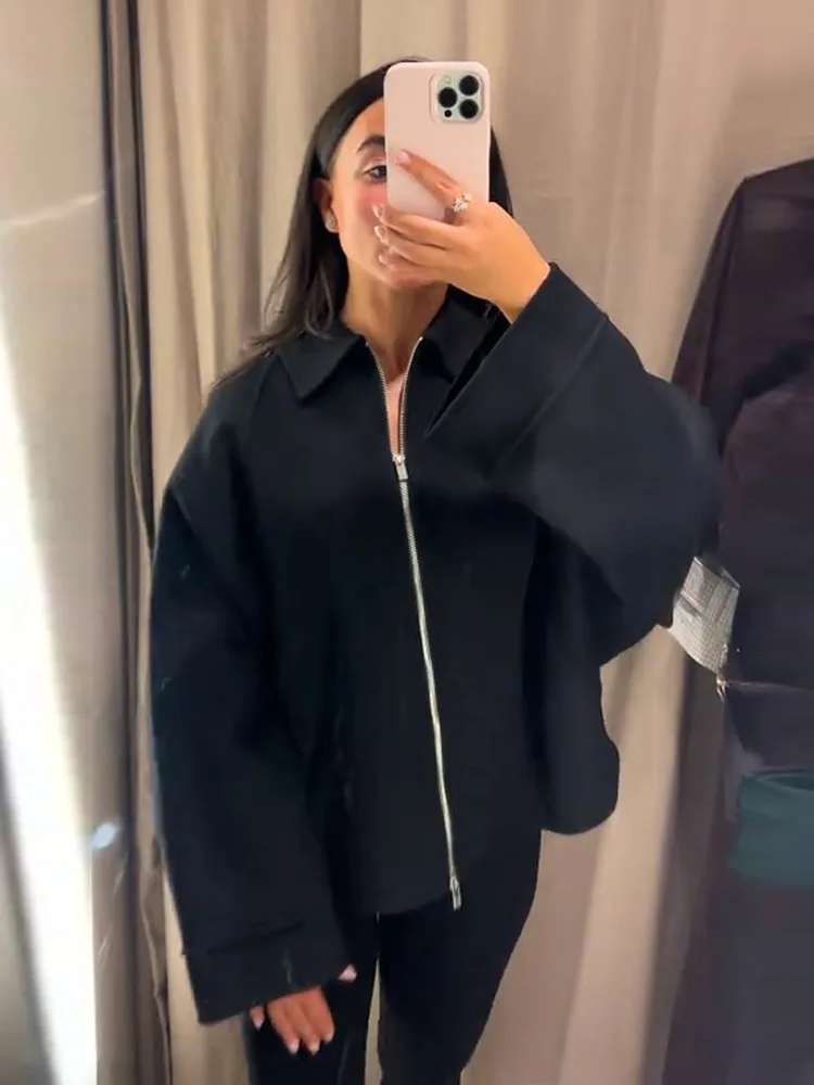 Шерстяная свободная короткая куртка на молнии, женская однотонная куртка с длинными рукавами и лацканами, осень-зима 202, уличное офисное теплое женское пальто