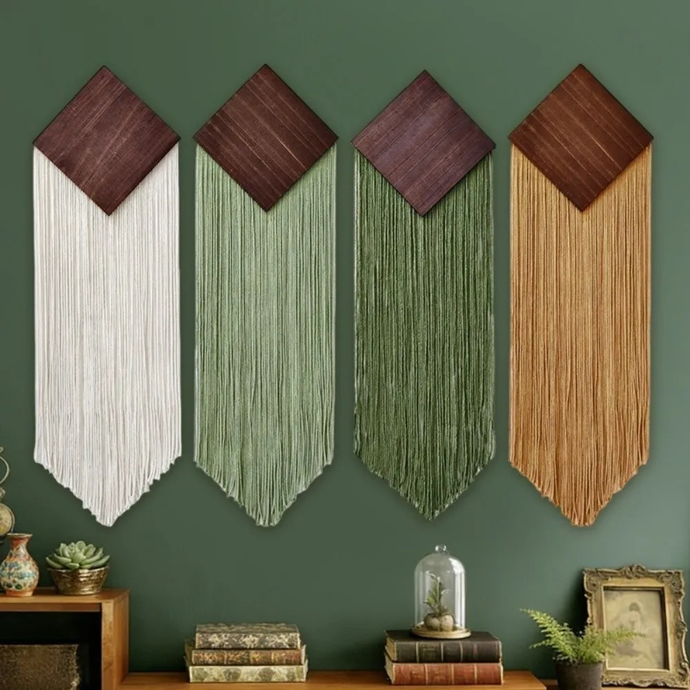 Bohemian Woven Tapestry Handmade Wooden Board Tassel Tapestry Cotton Rope with Trailing Fringe Wall Background Decor