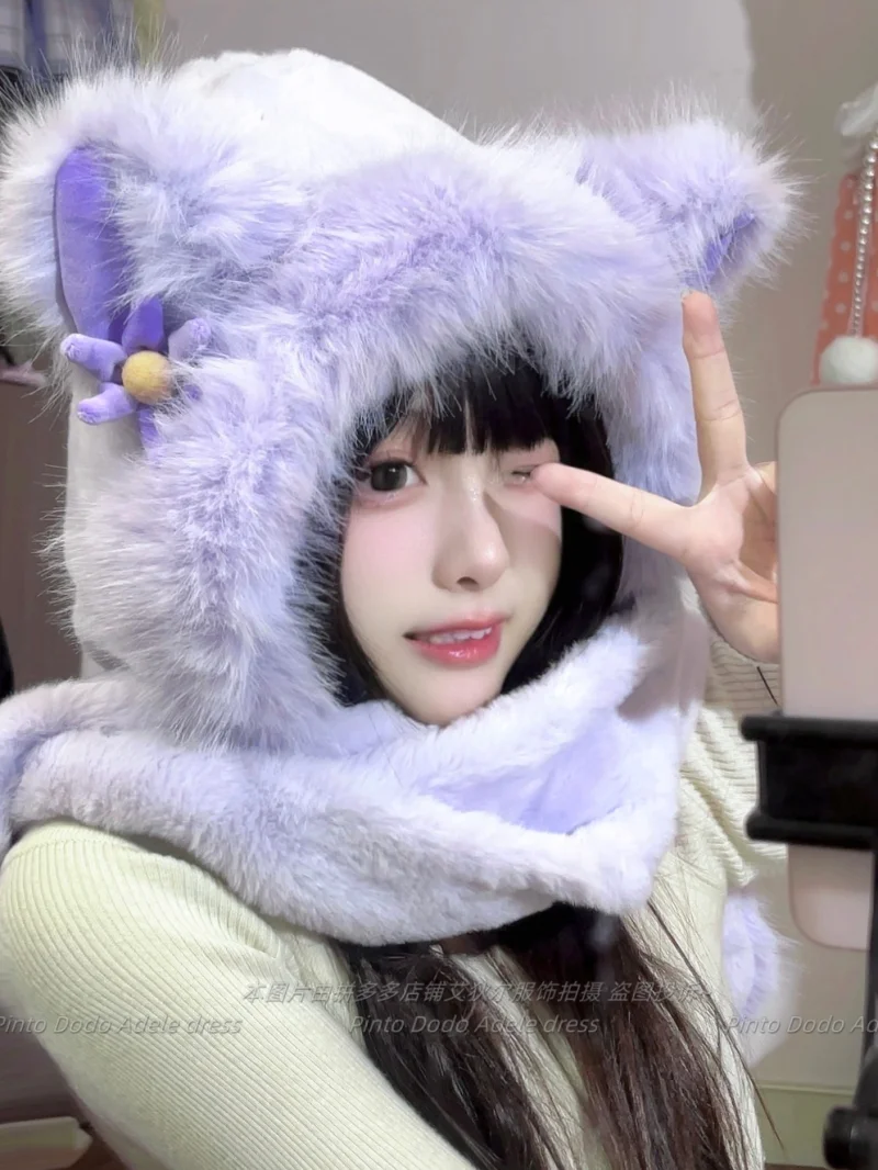 Fox Ear Plush Fuzzy Hat with Flower Scarf and Glove Set Women's Thickened Warm Ear Protection Riding Hat 3 Pcs Headwear Suit