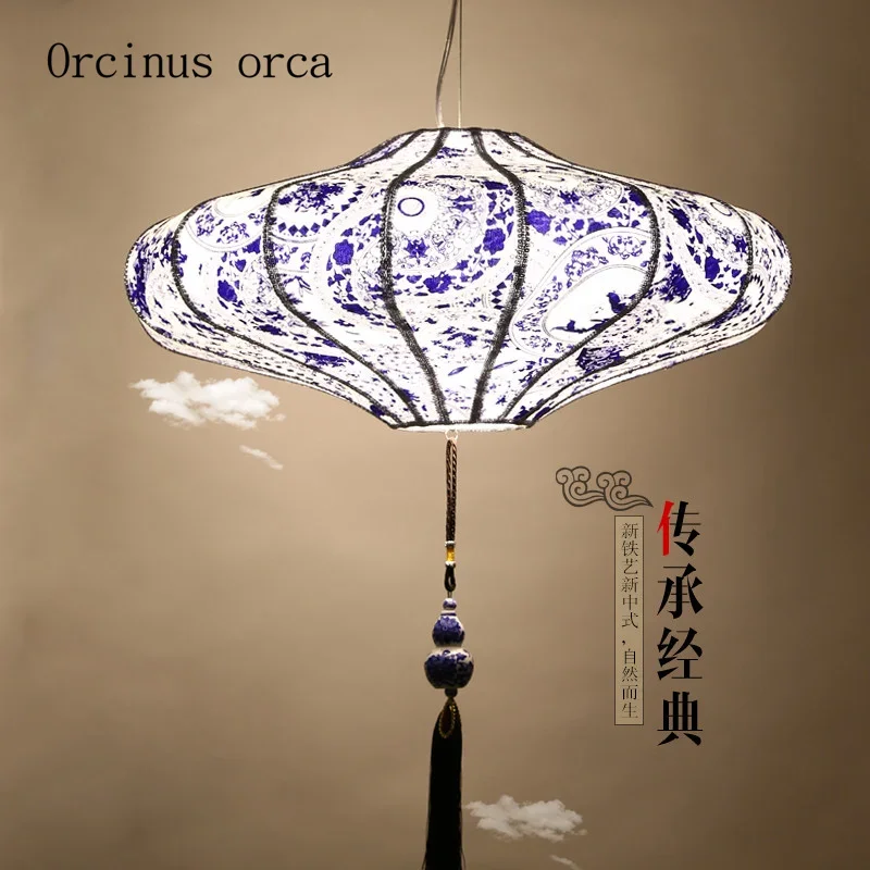 

The new Chinese wind Zen of blue and white chandelier restaurant living room Southeast Asia lantern cloth chandelier