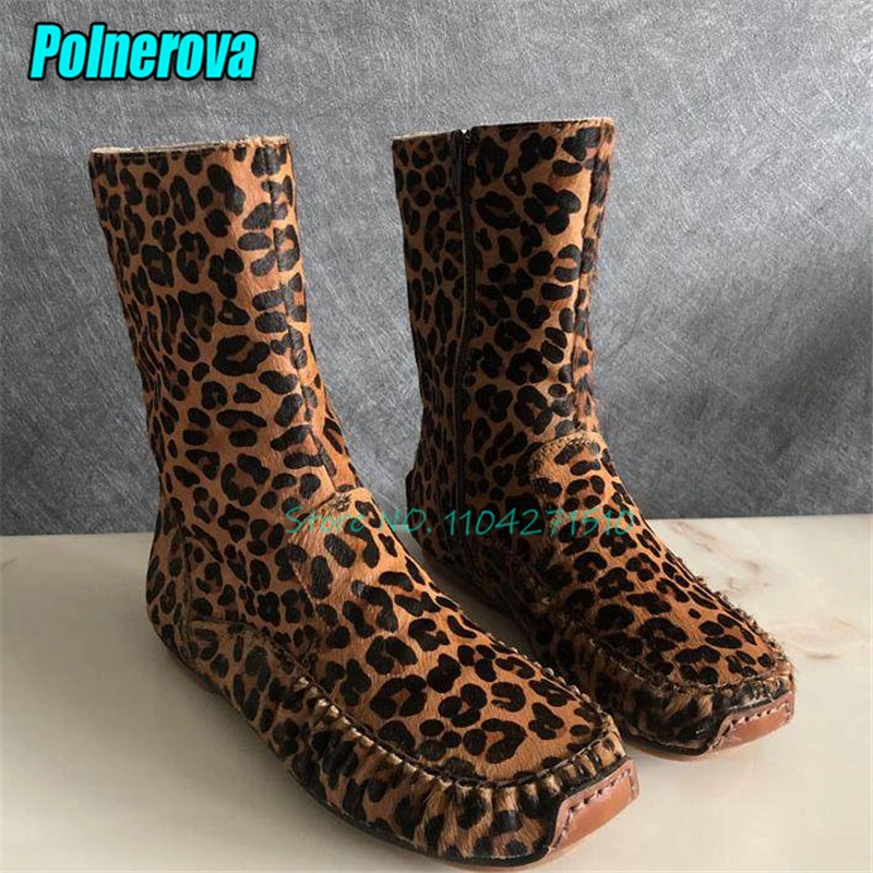 Leopard Print Horsehair Square Toe Short Boots Autumn Winter Retro Fashion Inside Plush Genuine Leather Side Zipper Flat Boots