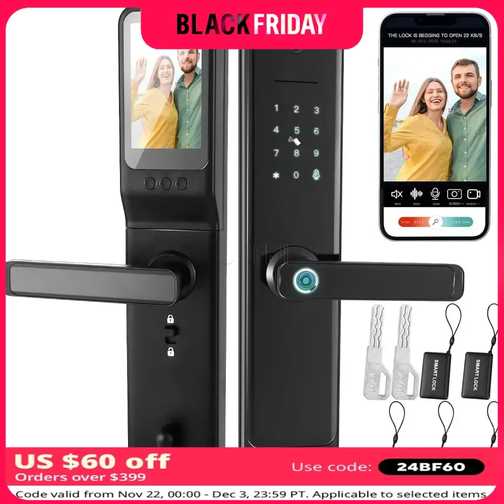 4 in1Smart Door Lock with Monitor Wi-Fi Camera,Doorbell,Video Call,Keypad Lock Fingerprint Keyless Entry Door Lock, App Control