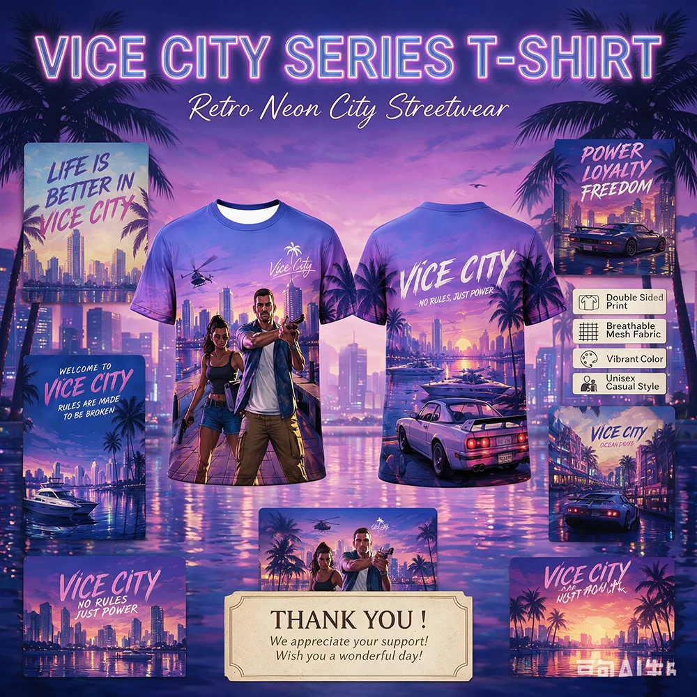 Vice City Retro Synthwave Doppelseitig bedrucktes T-Shirt, Unisex, Miami Palm Tree, Sport-T-Shirt, atmungsaktives Mesh, schnell trocknendes Streetwear-Oberteil – Detail 1