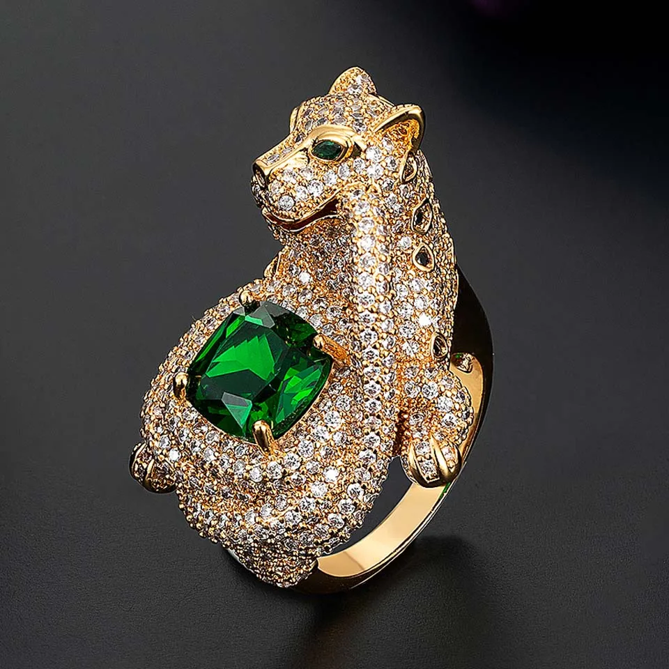 Zlxgirl Fashion Woman Statement Leopard Shape Animal Finger Ring Green Zircon Eyes Dubai Gold Color Ring couple bijoux Aneis