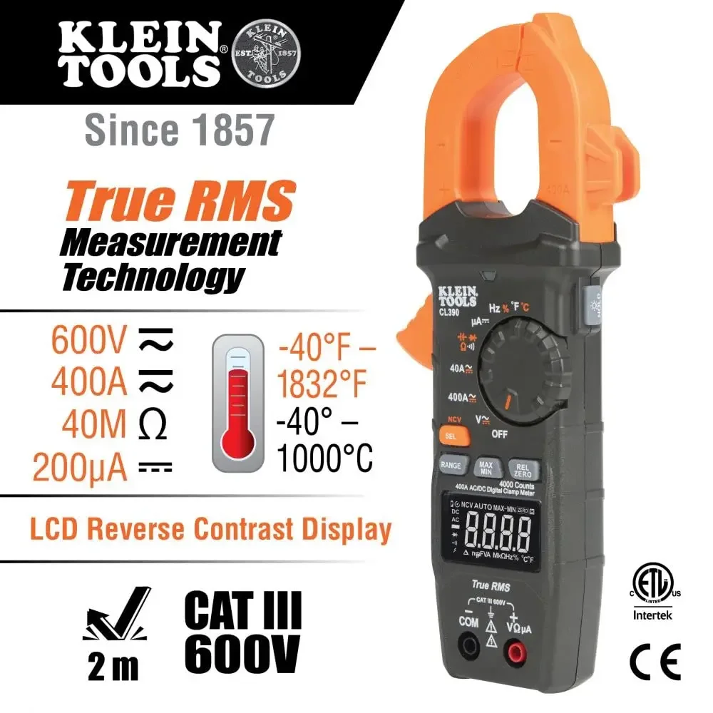 Klein Tools CL390 AC/DC Digital Clamp Meter, Auto-Ranging, 400 Amp, NCVT Tester Clamp Jaw Integration, Hi-Viz LCD Display