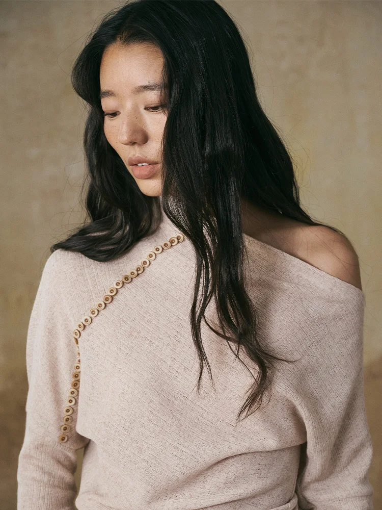 

Handmade Knitted Long Sve Striped Asymmetrical oulder Batwing Top Women's Comfortable Breathable Casual Polyester Blend