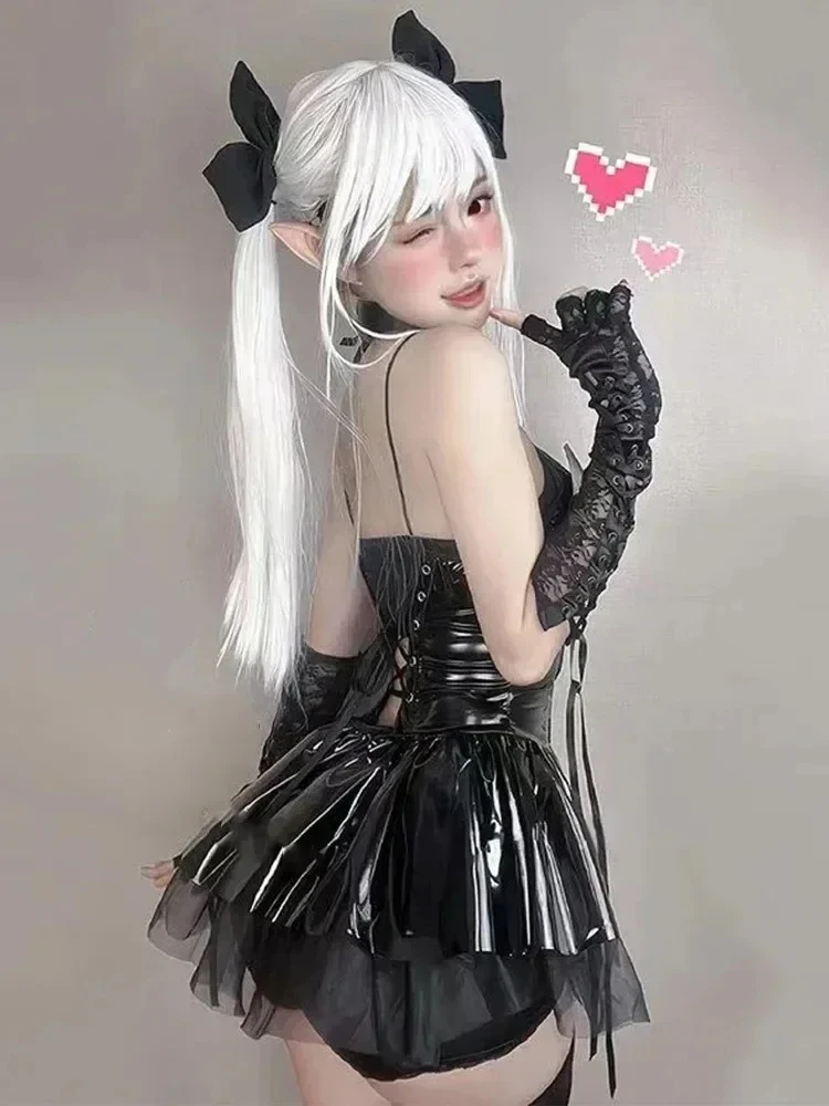 

Sexy Cosplay Pu Dress Women Harajuku Grunge Bandage Hollow Out Bats Dress Punk Y2k E-girl Gothic PU Leather Halter Neck Straps