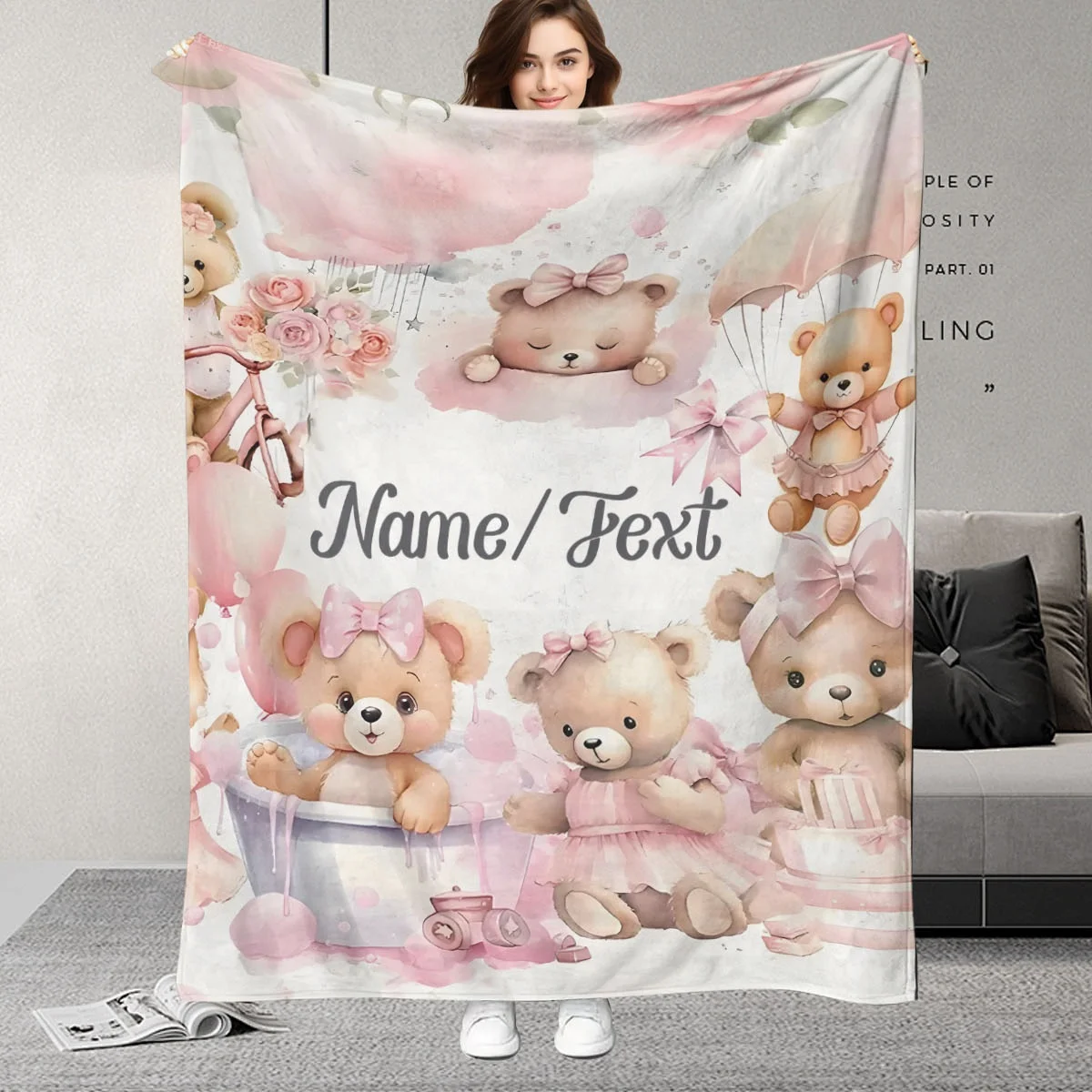 

Customizable name creative bear pattern blanket, suitable for sofa, bed, travel, holiday gifts, suitable for all seasons