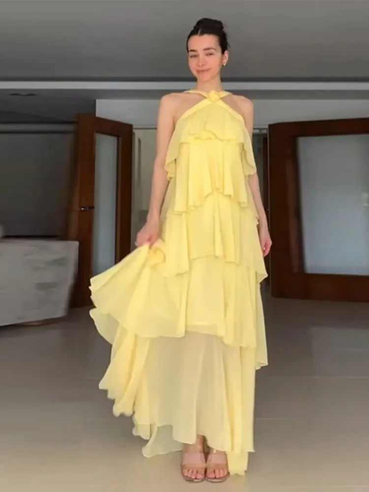 Ruffles Halterชุดผู้หญิง 3Dดอกไม้แขวนคอBackless Fluffy Baggy Robes Elegant Beachสายคล้องคอชีฟองชุดยาว