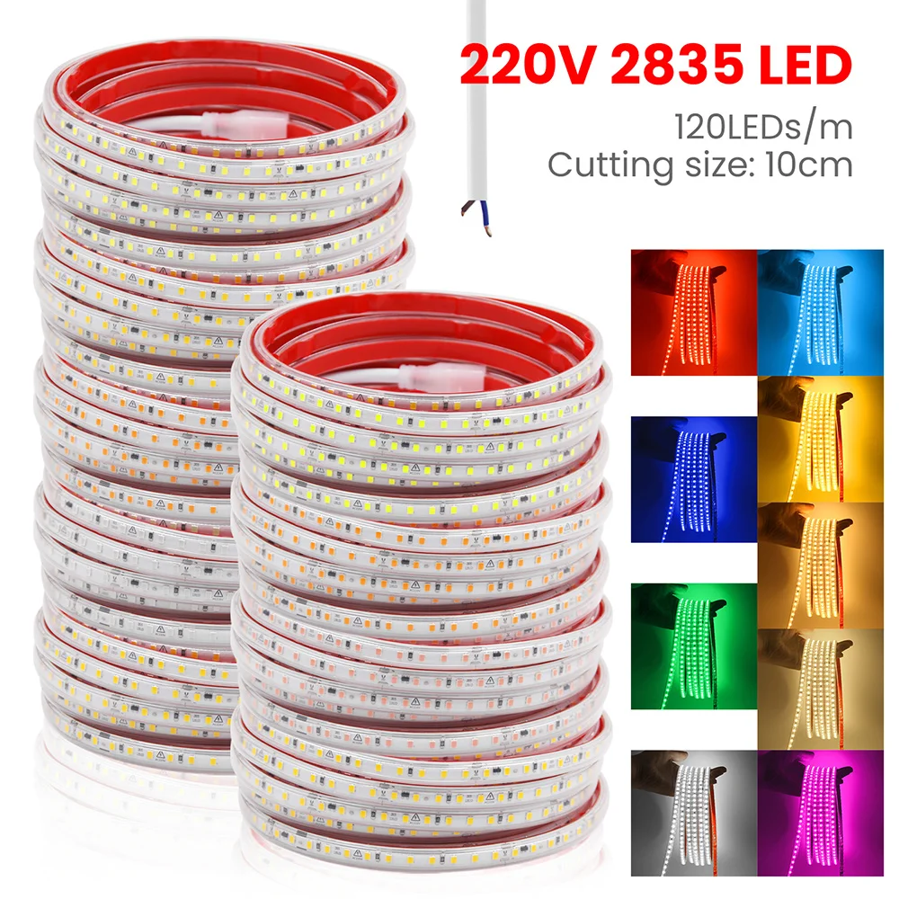 220V 2835 LED Strip Light with 2pin Wire IC 120LEDs/m AC 220 V Volt High Brightness Lighting Flexible Led Diode Tape Waterproof