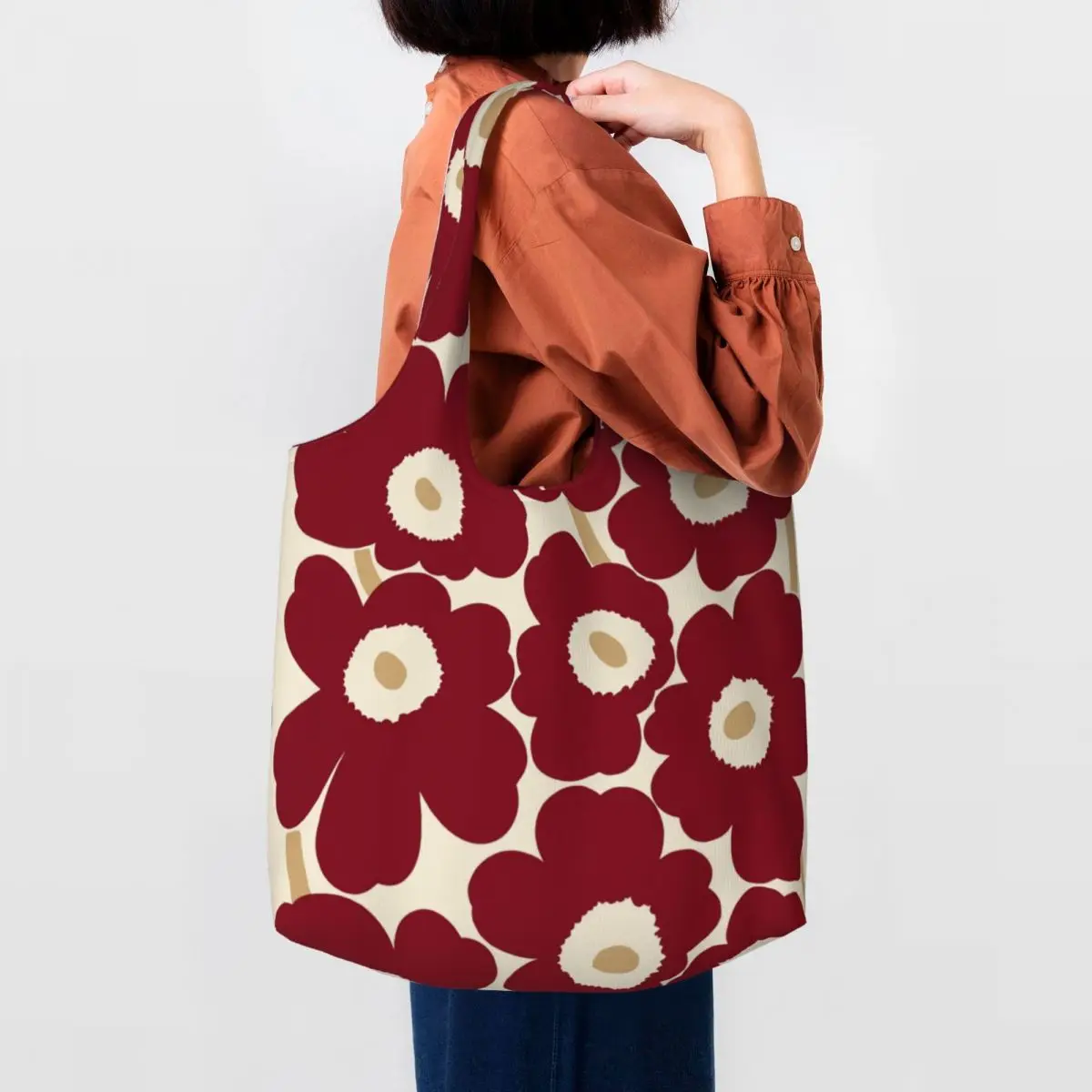 Custom Recycling Little Poppy Print Shopping Bag Women Canvas Shoulder Tote Bag Washable Modern Style Groceries Shopper Bags