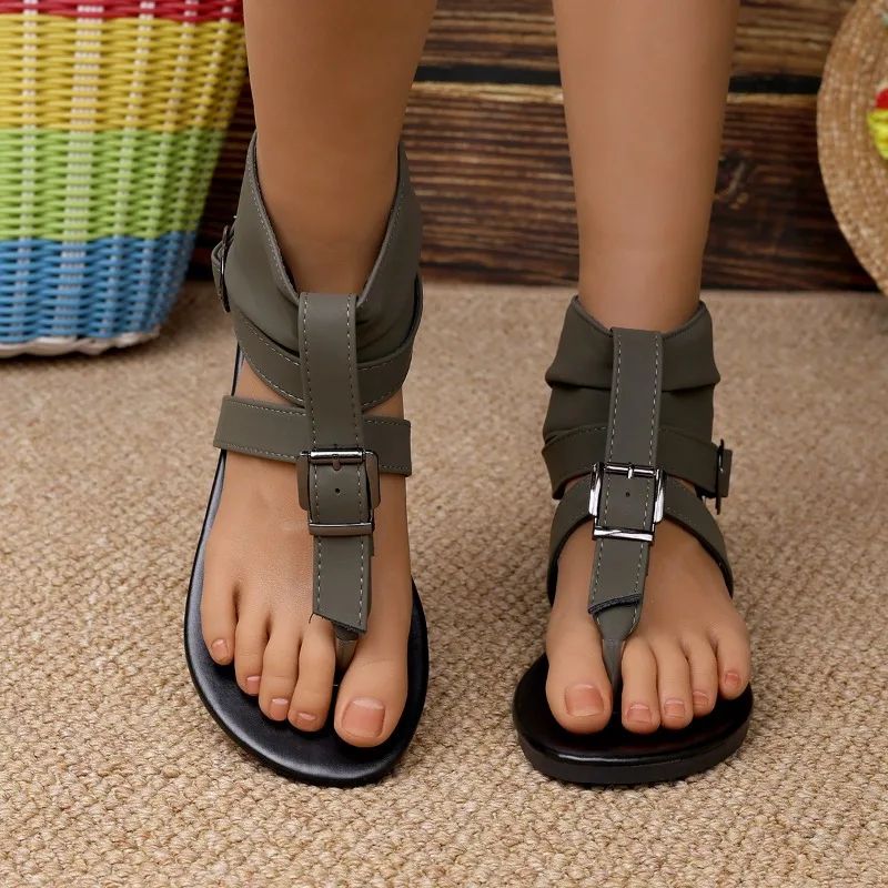 صنادل رياضية نسائية 2025 الصيف كليب أصابع الصنادل الرومانية المسطحة الدنيم حزام مشبك عالية أعلى العظام الإنسانية أحذية نسائية #2