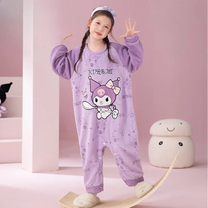 

Girls one-piece pajamas winter plush cute Hello Kitty Kuromi My melody sweet cartoon coral velvet warm sleeping bag snap gift
