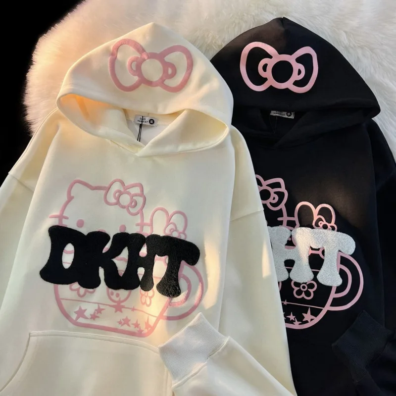 Sanrio Hello Kitty Cute Milk Yellow Hooded Sweatshirt Women Autumn Trend Long Sleeved Pullovers Japanese Style Loose Casual Coat