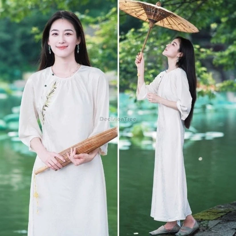 Chinese national style long cheongsam dress round collar gauze dress women spring summer Loose daily Bamboo Embroidery qipao