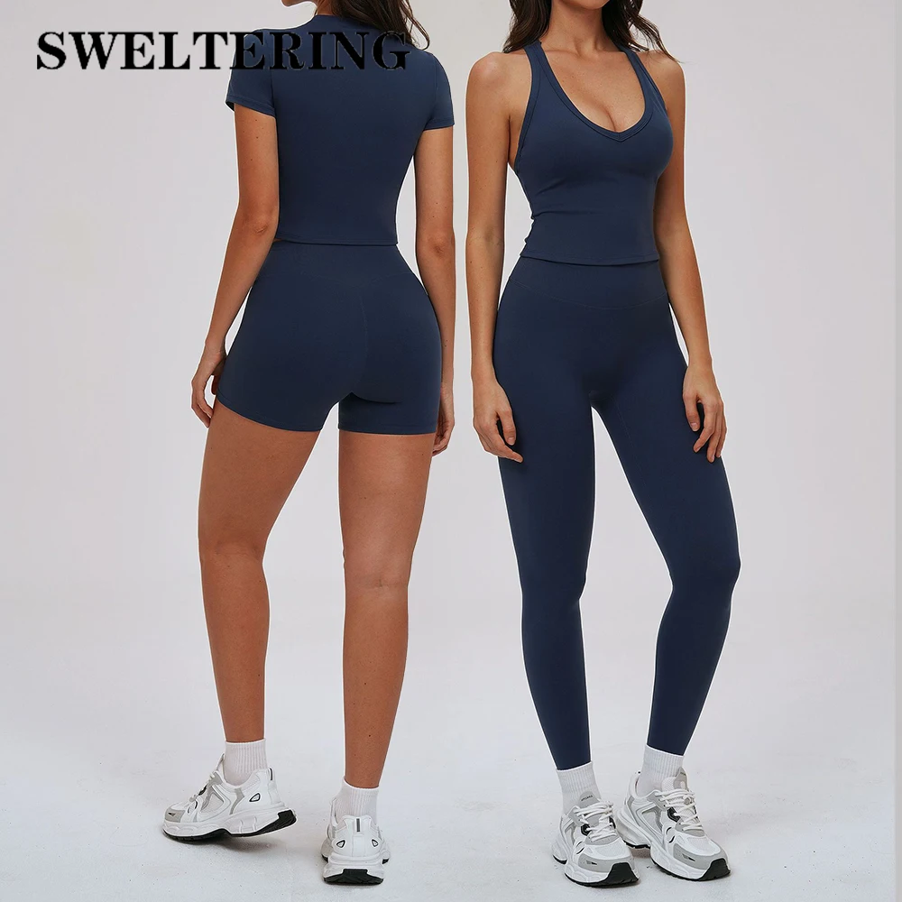 

2PCS Yoga Set Women Tracksuit Fitness Outfits Sportswear Workout Clothes Athletic Wear Gym Leggings Top Short Sleeve Sport Suits