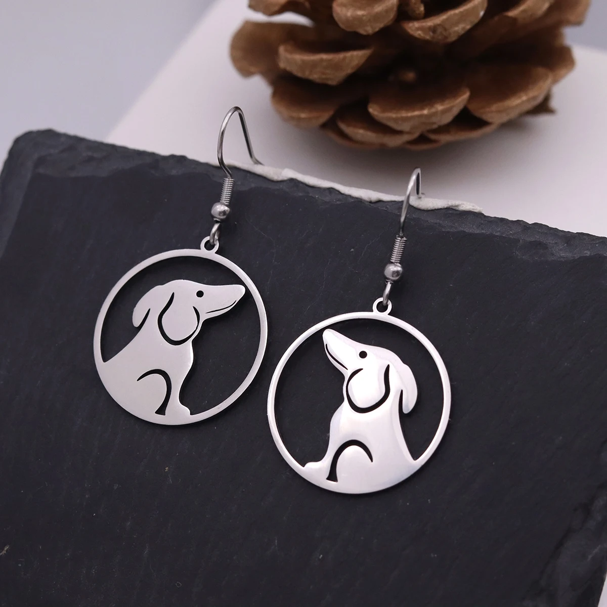 Kinitial Stainless Steel Sitting Dog Round Pendant Women's Earrings Animal Jewelry Hanging Earrings Valentine Gifts