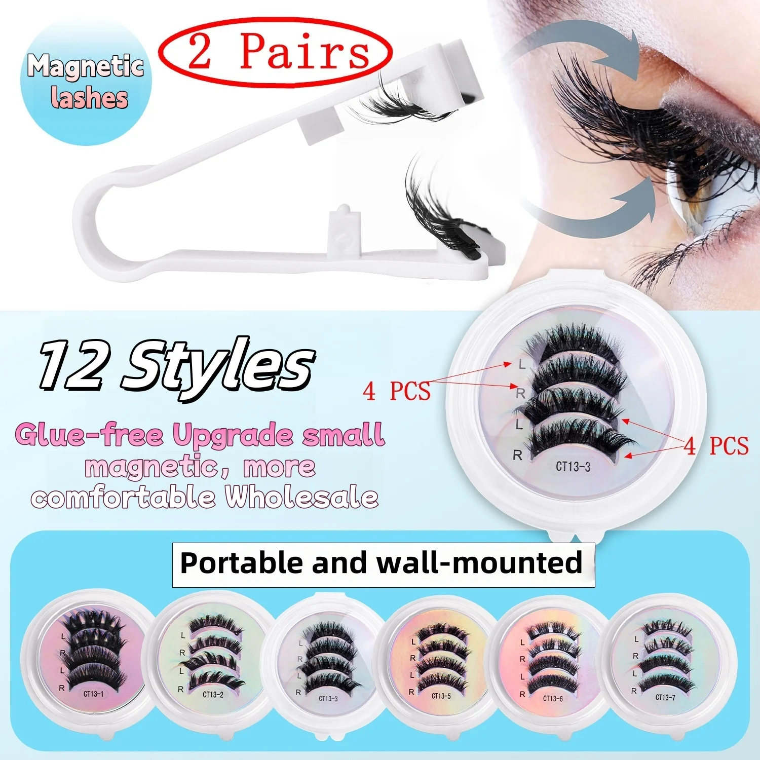 2 pares de cílios magnéticos grossos gato cílios postiços conjunto de maquiagem reutilizável sem cola flully e encaracolado personalizado e atacado