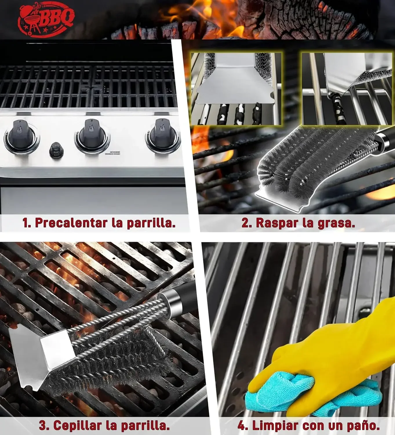 3 in 1 Barbecue Brush with Stainless Steel Wire Bristles for Charcoal and Electric Grill Outdoor , Camping - BBQ Cleaning Brush - Image 5