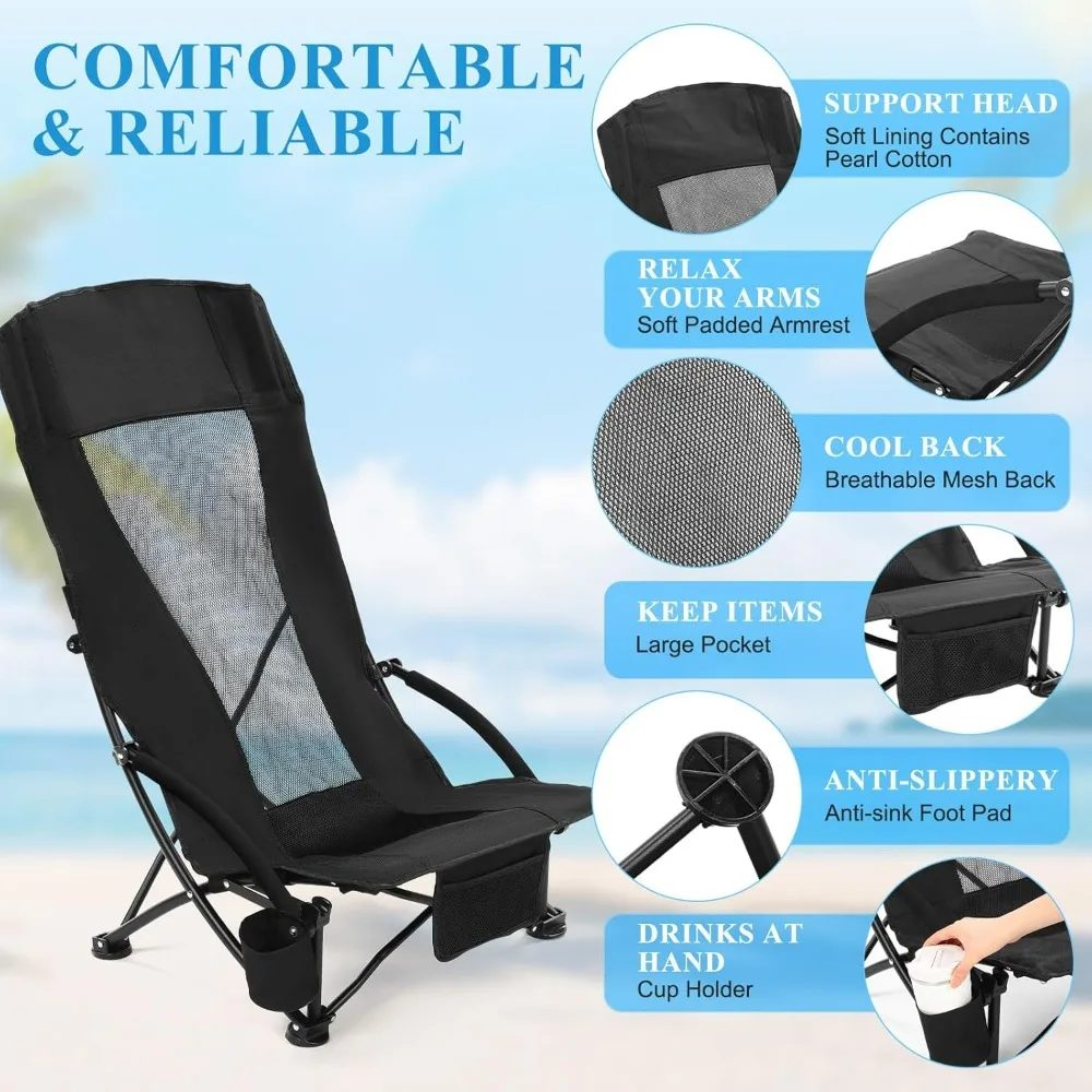 4 Pack Beach Chair for Adult High Back, Low Beach Chair, Bulk Portable Folding Camping Chairs Lightweight, Cup Holder Carry Bag