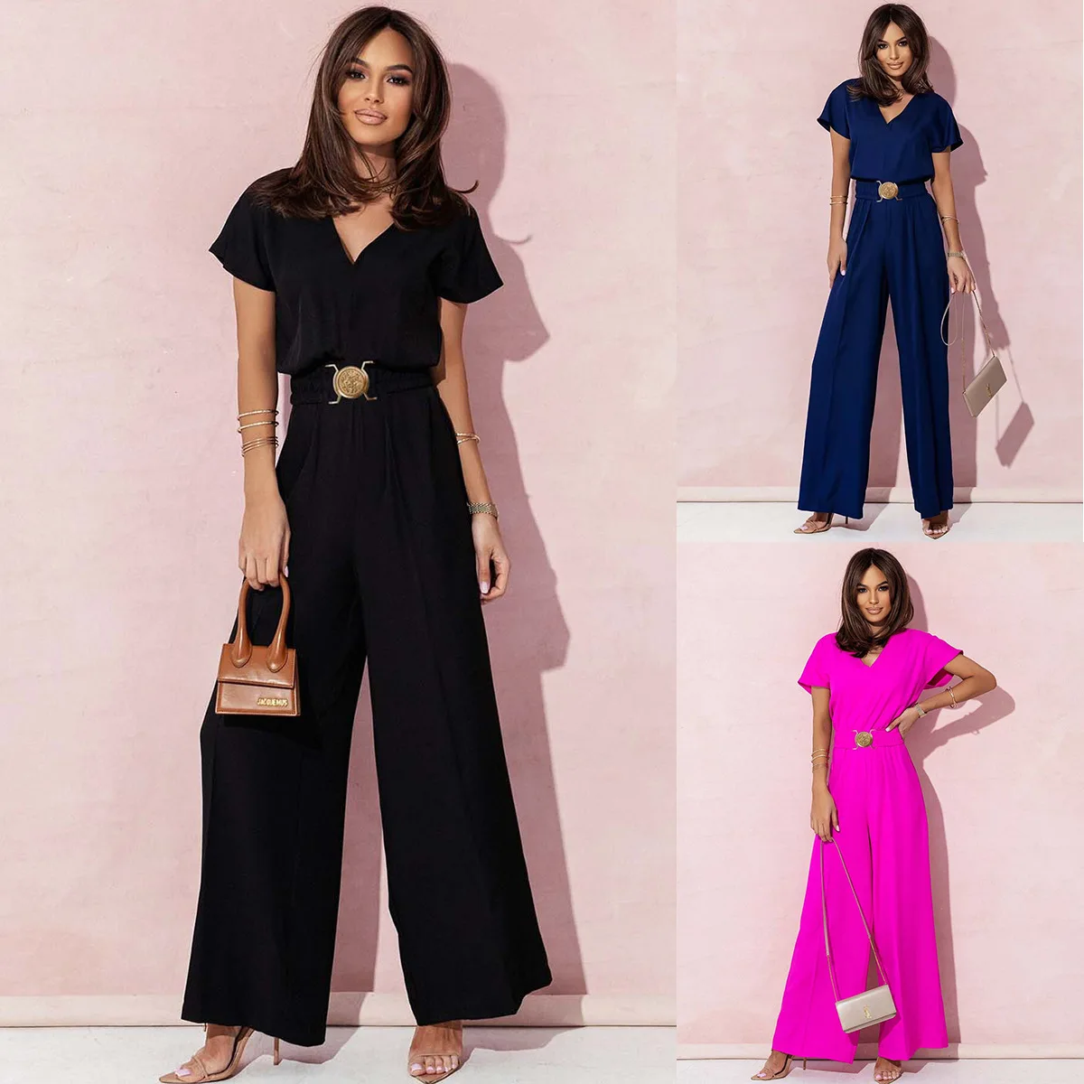 

New Women's Jumpsuits V-neck High Waist Belt Solid Color Fashion Short-sleeved Elegant One Piece Black bodysuit women