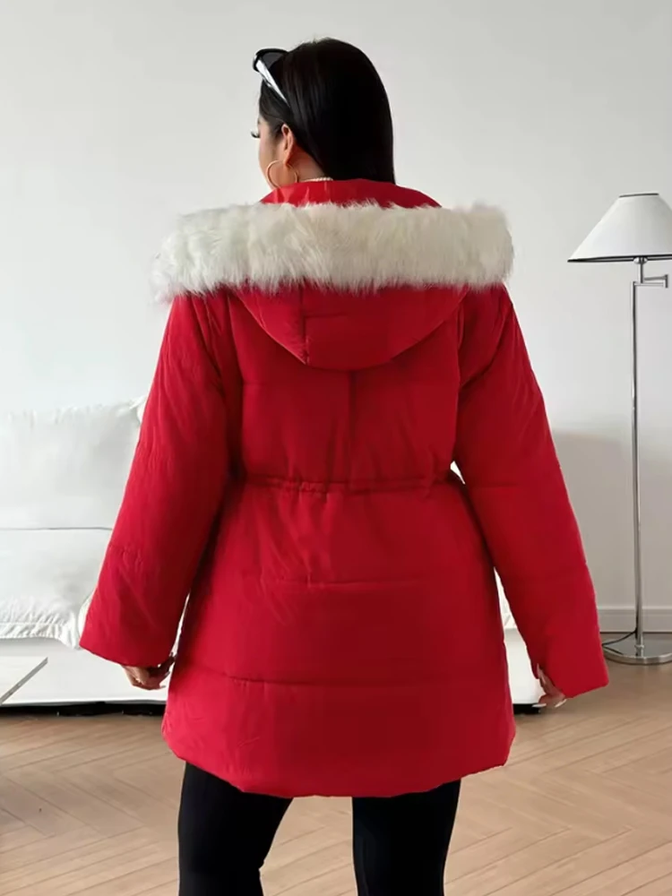 Casaco de inverno feminino tamanho grande vermelho fino cintura bolsos zip com capuz puffer casacos coreano popular roupas femininas jaquetas plus size topo