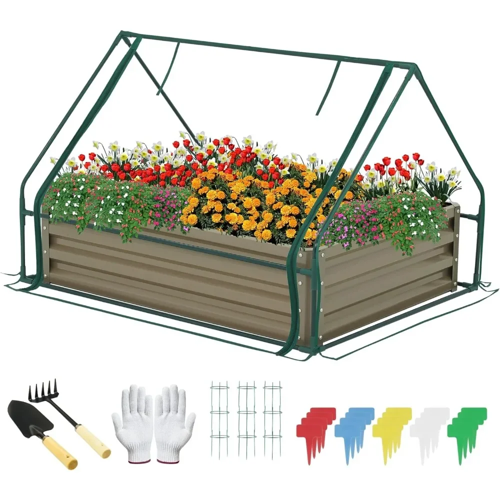 

4 x 3 x 1 FT Metal Raised Garden Bed with Greenhouse 1 Large Zipper Windows Dual Use,Galvanized Steel Raised Garden Bed