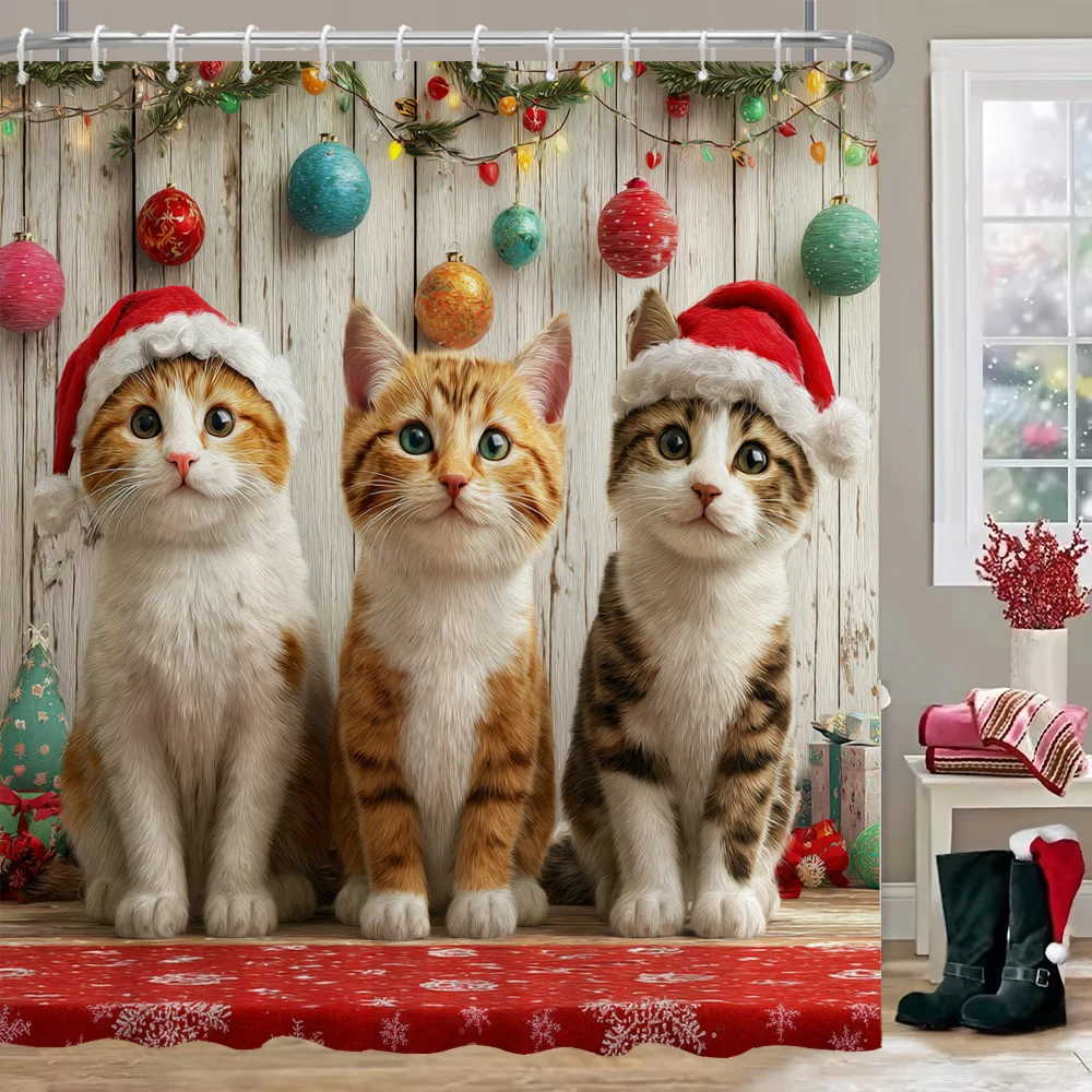 

Christmas Shower Curtain, Bathroom Decorative Cartoon cat and dog Christmas Shower Curtain, Waterproof Shower Curtain with Hooks