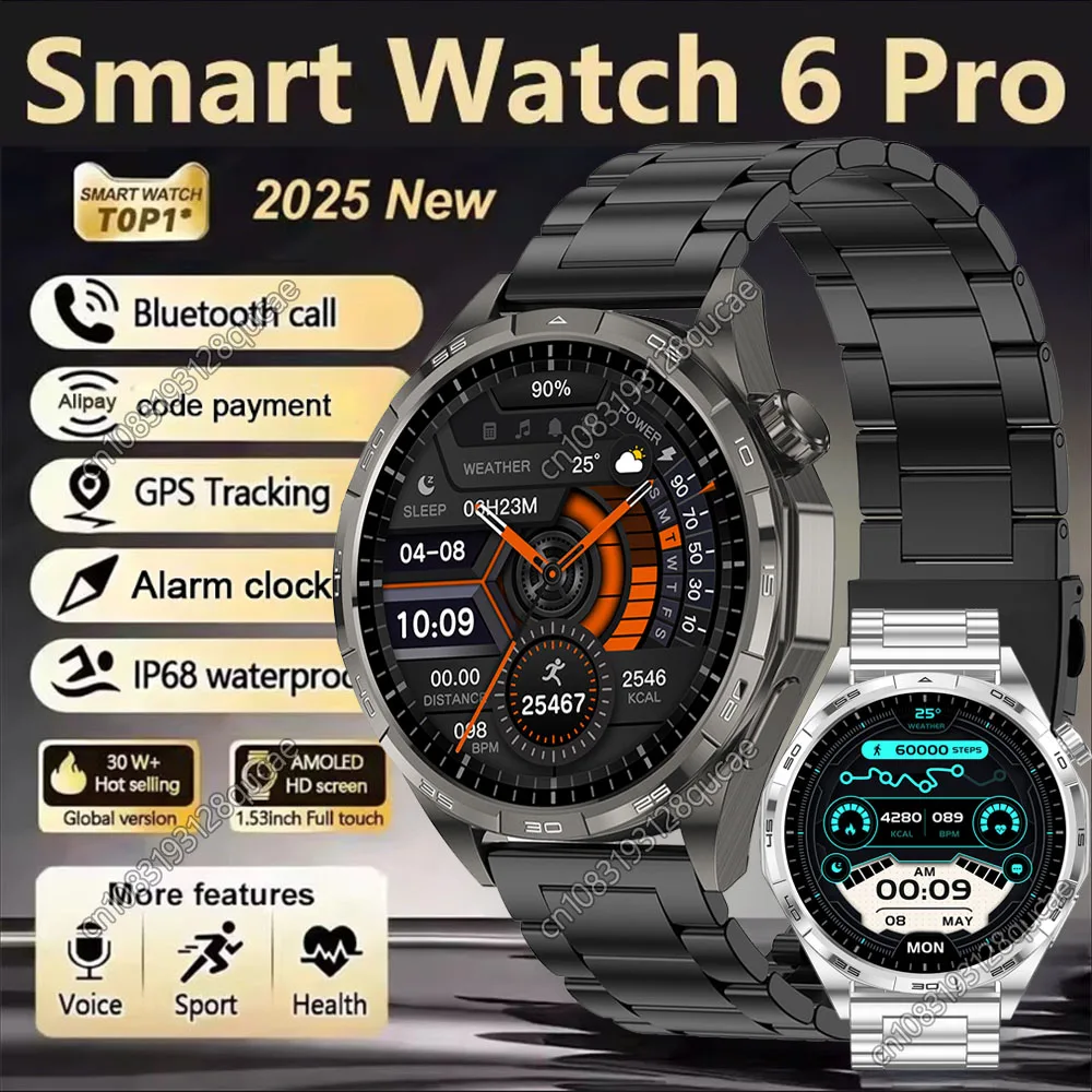 

2025 New Watch 6 Pro Smart Watch Men AMOLED Screen GPS Motion trajectory Altitude Heart Rate BT Call Sport SmartWatch Waterproof