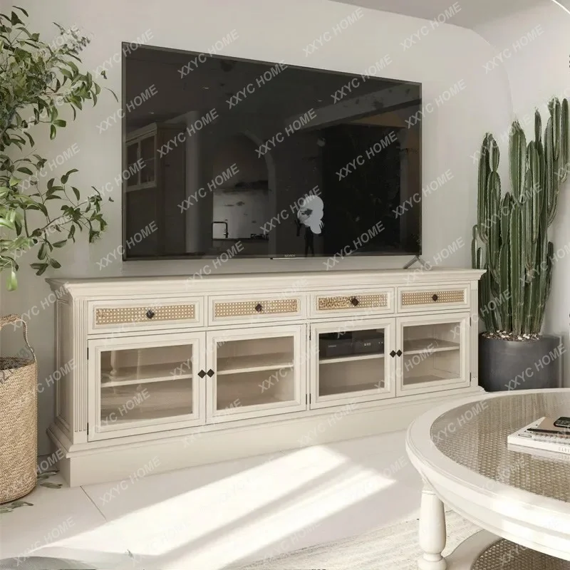 XXsolid wood TV cabinet retro villa living room cream white wall storage floor cabinet