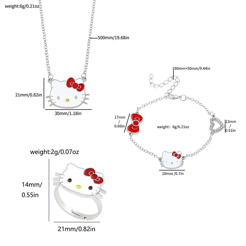 Sanrio Hello Kitty Bracelet Cute Anime Cartoon Girls Fashion Necklace Ring Bow Shine Jewelry Three-piece Holiday Gifts