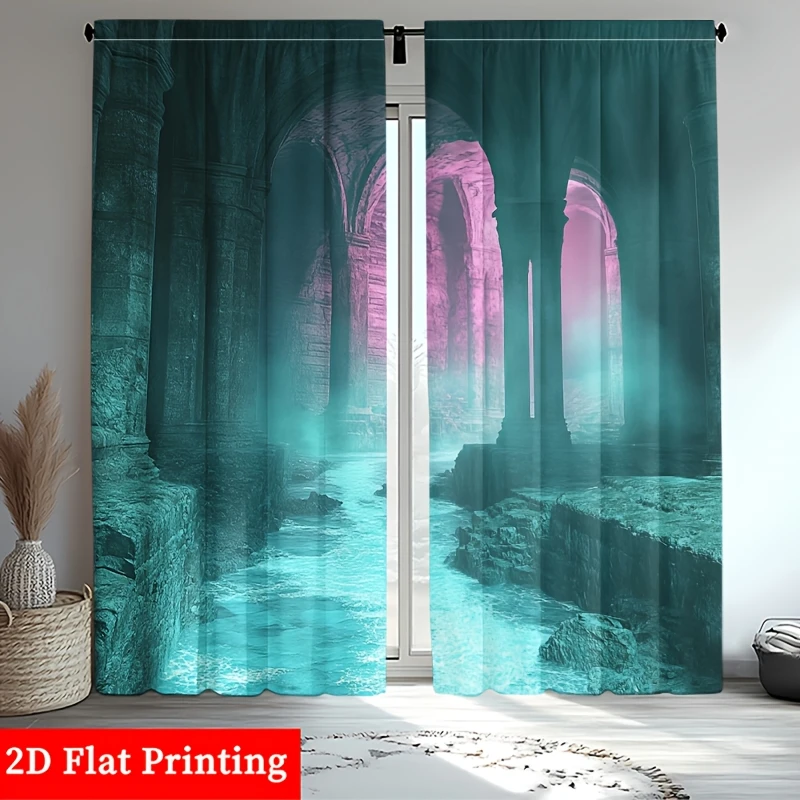 Mystic Ruins Teal Pink Curtain, Fantasy Ancient Archway Drape, Ethereal Landscape Home Decor for Living Room Bedroom Window
