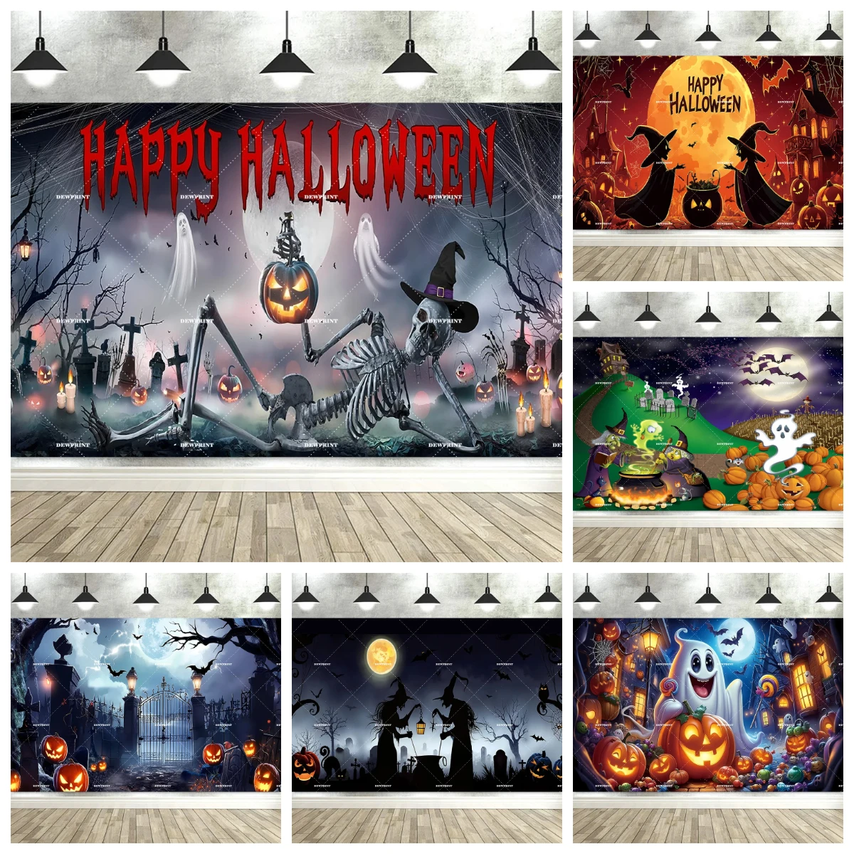 Pumpkin Skeleton Halloween Backdrop,Night Moon Ghost Banner Party Decor Supplies Home  Kid Photo Studio Booth Photographer Prop