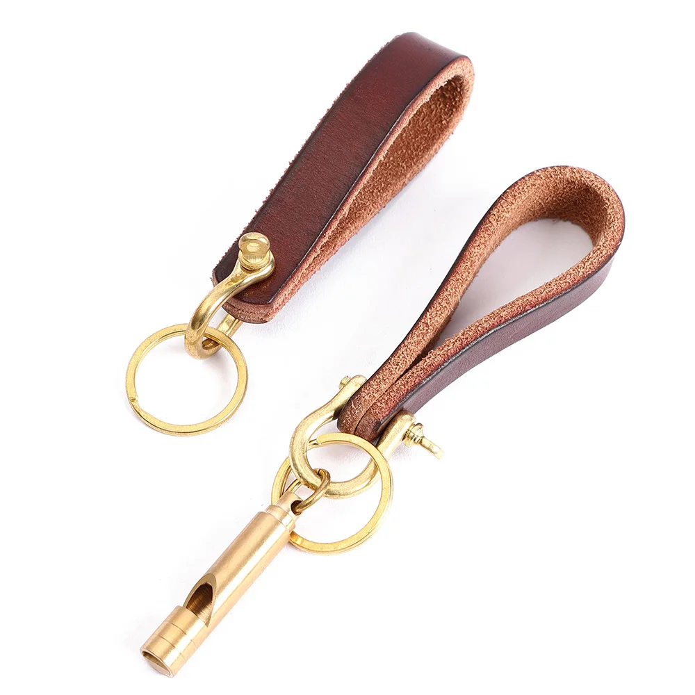 

Genuine leather handmade keychain vegetable tanned leather multifunctional car keychain strap survival whistle keychain