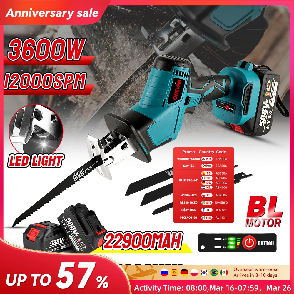 3600w 12000spm Brushless Reciprocating Saw Wireless Chainsaw Cut Saw Wood Cutting Tools With Sawblade For Makita 18V Battery