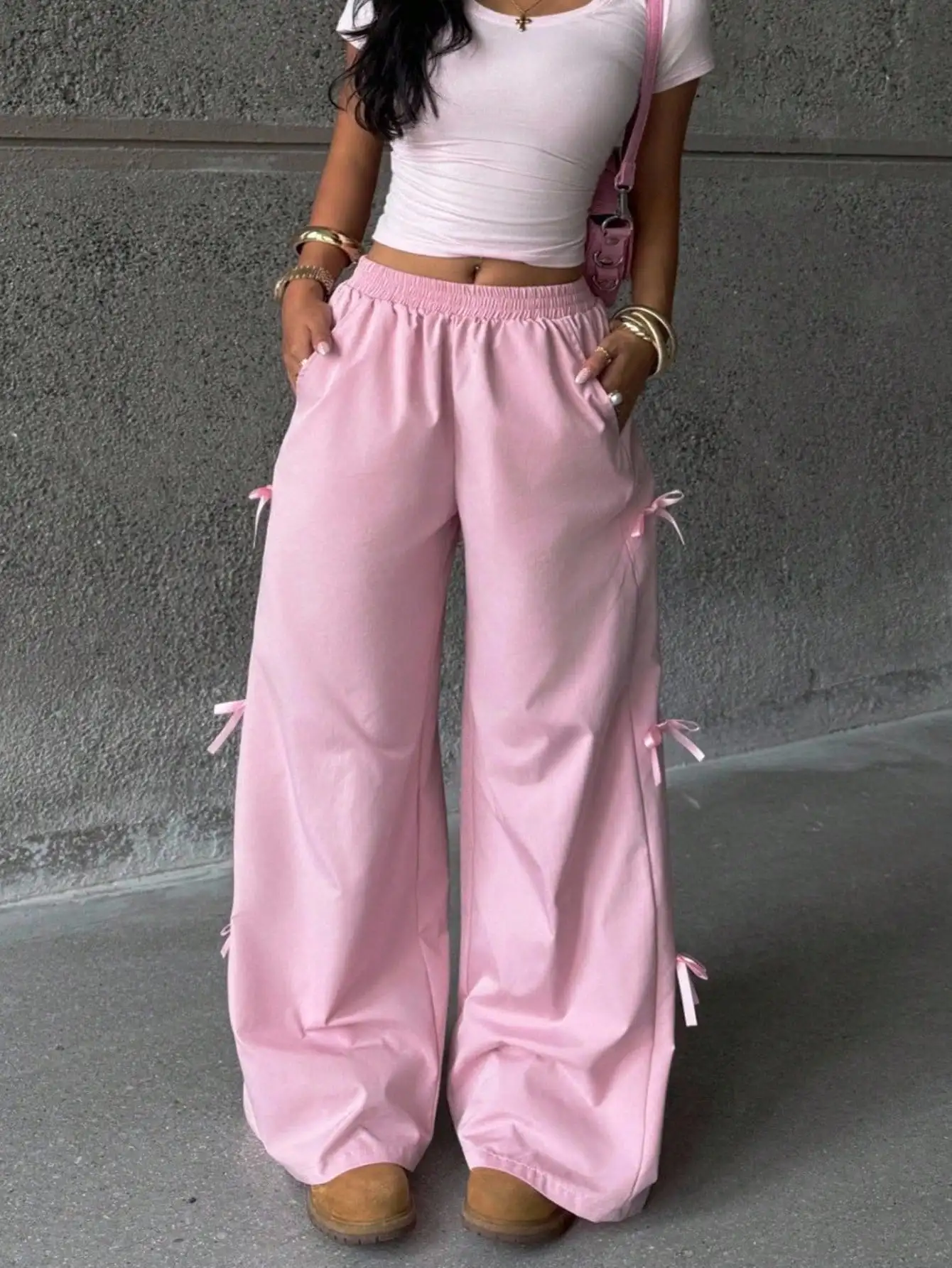 

Pink Wide-Leg Pants with Decorative Bows, Elastic Waist, Side Pockets, Casual Summer Fall Wear