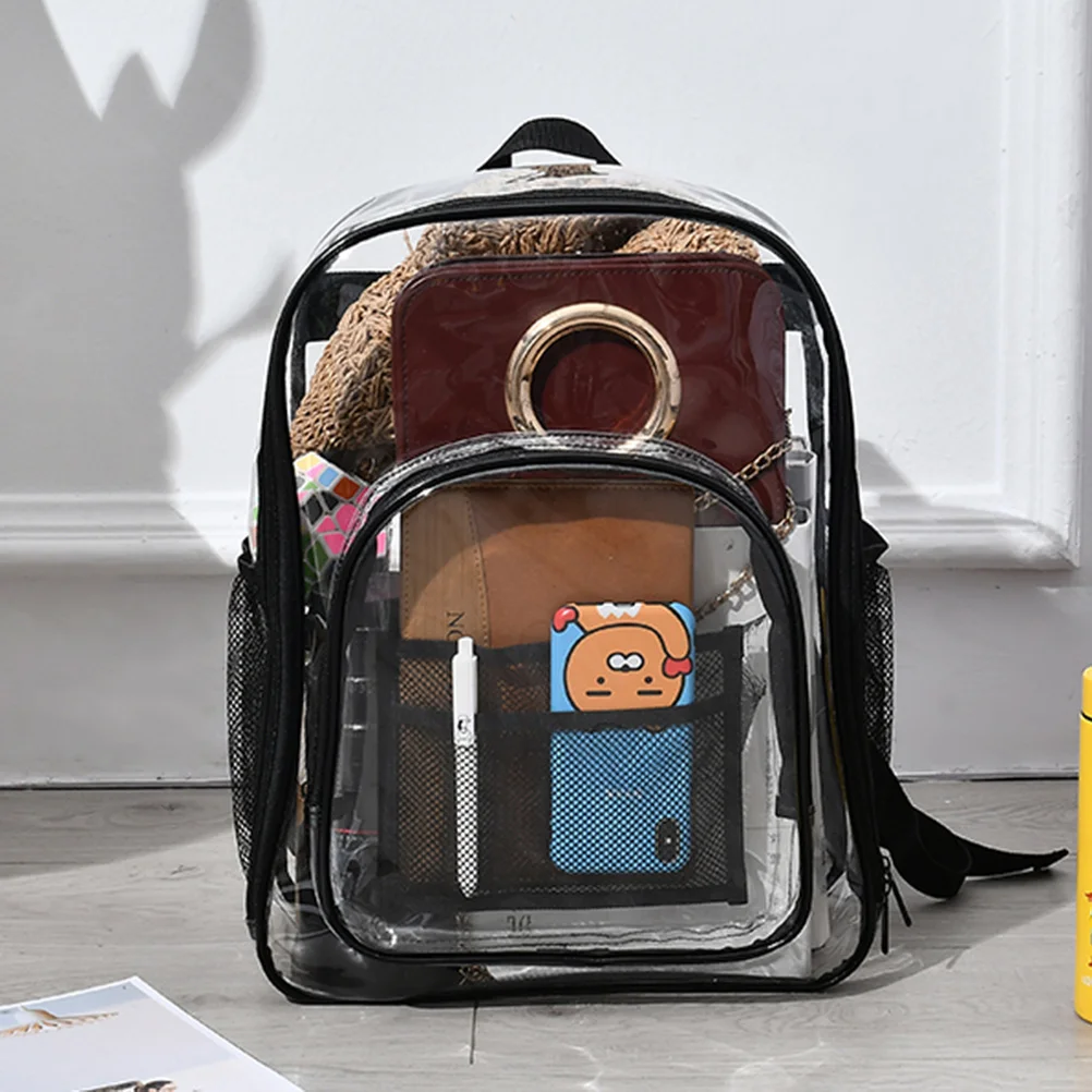 PVC Transparent Backpack Black Simple See Through School Bookbag Travel Makeup Organizer Durable Eco-Friendly Large Capacity
