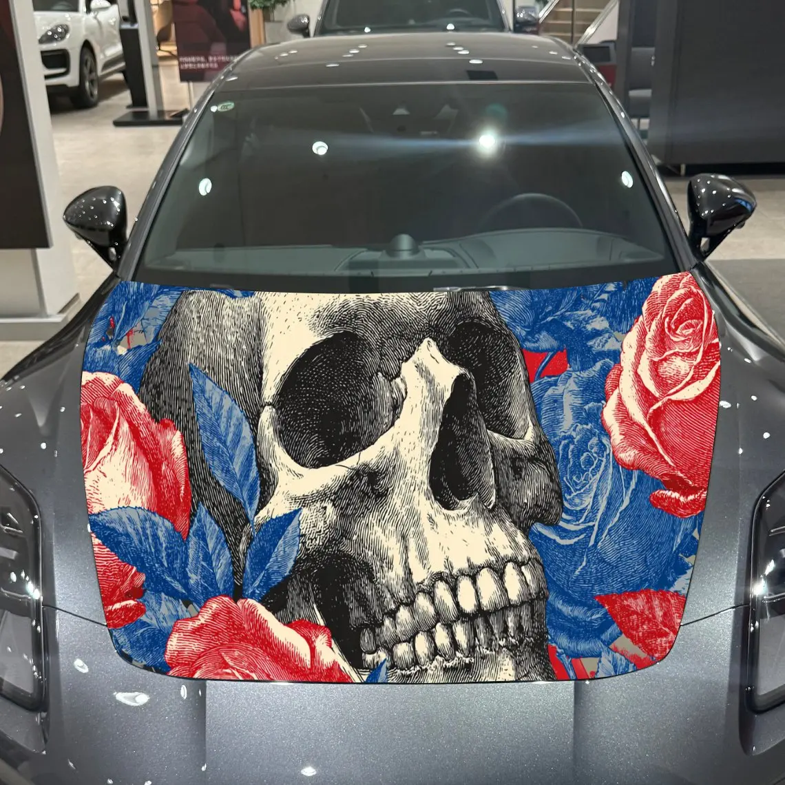 

Blue Leaf Red Rose Skull Auto Cover Sticker, Waterproof and Self-adhesive Car Hood Decal, Auto Vinyl Wraps, Cool Car Exterior De