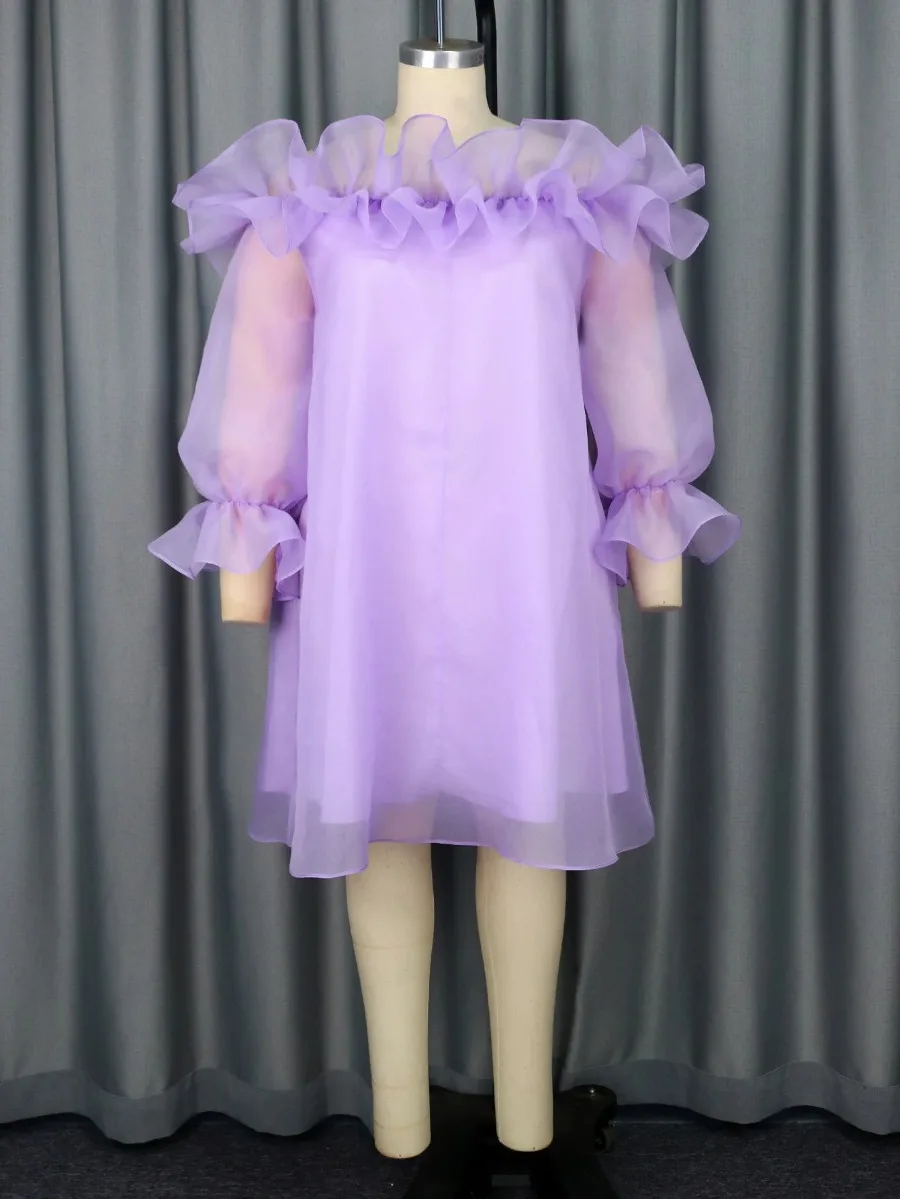 

Sweet Lovely Women Purple Casual Dress Ruffle Slash Neck Long Sheer Tulle Sleeve Prom Birthday Evening Party Gowns Plus Size 4XL