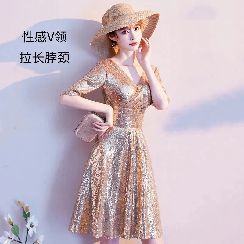 

Golden Evening Dress Girl 2022 New Banquet Temperament Ladies Slim and Slim Cover Your Belly and Elegant Annual Meeting Dress