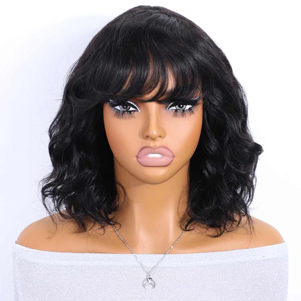 Lekker Short Wavy Bob With Bangs 100% Human Hair Wigs For Women Brazilian Remy Hair Full Machine Made Colored 12