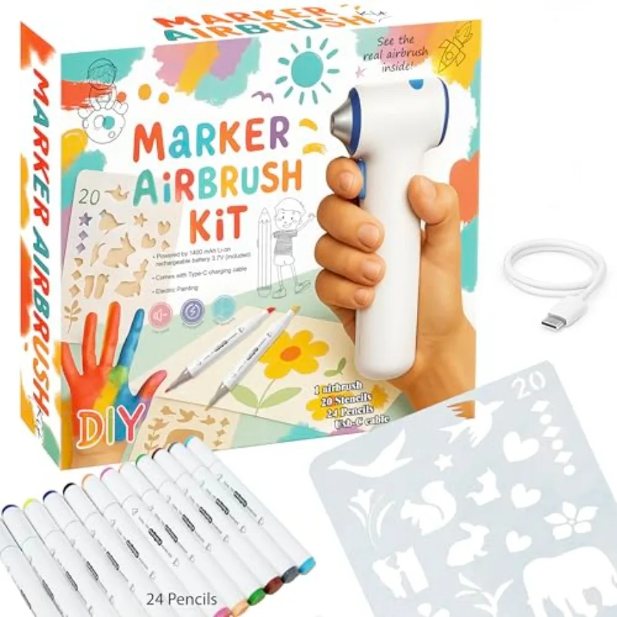 

Airbrush Marker Sprayer Kit for - 24 Washable Markers and Stencil with 20 Shapes - Cordless Rechargeable Spray Pen - Arts and C