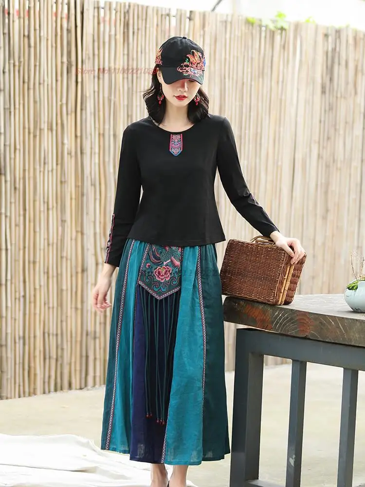 2024 patchwork tassel elastic waist midi skirts vintage women flower embroidery ethnic style chinese harajuku loose casual skirt