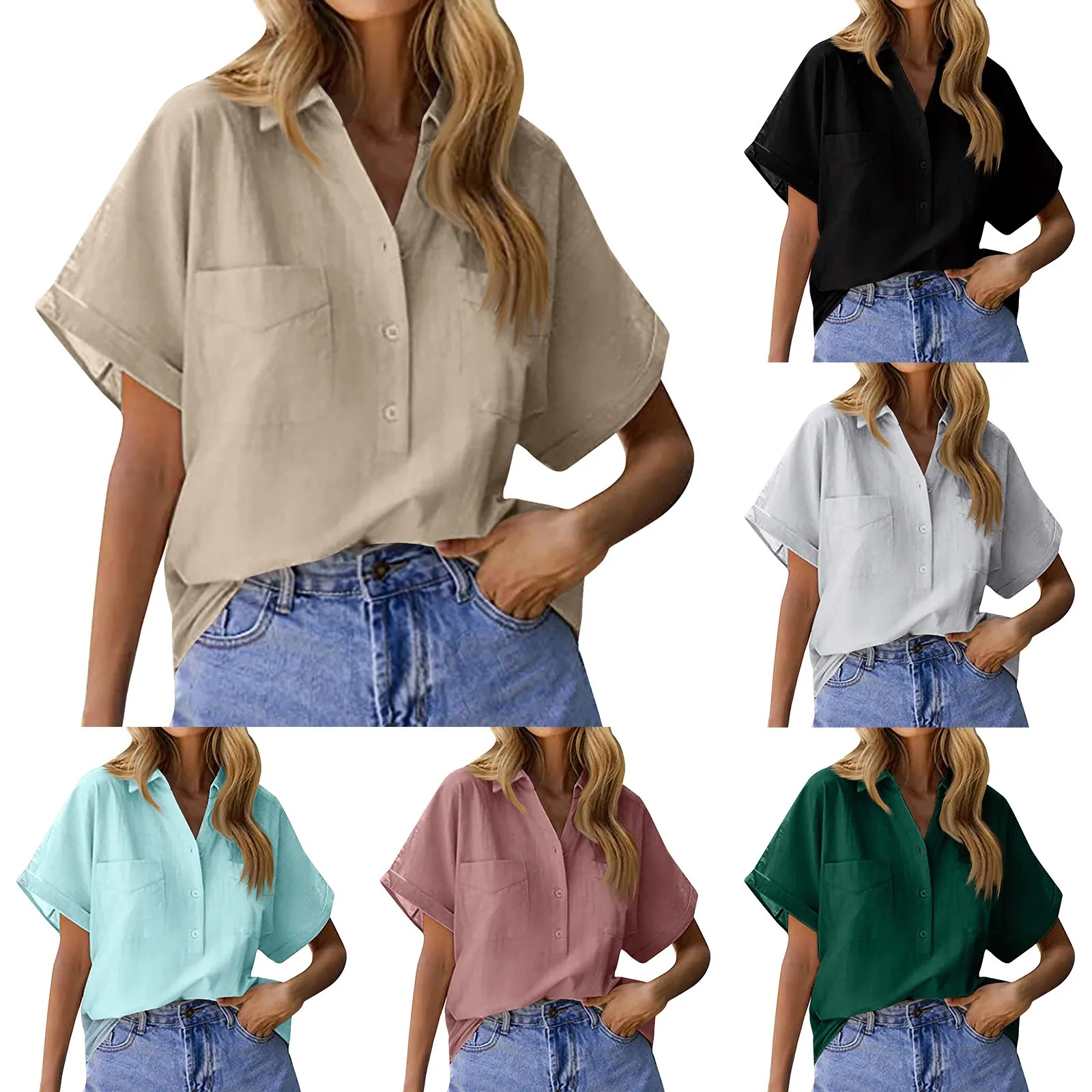 Elegante Katoenen Linnen Shirts Vrouwen Casual Effen Knop Revers Blouses Shirts Zomer Korte Mouw Losse Tops Tuniek Blouse Femme