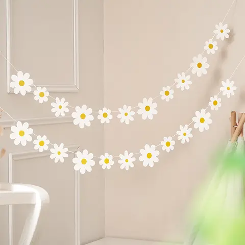 2PCS White Daisy Flags Floral Banner Birthday Party Decoration
