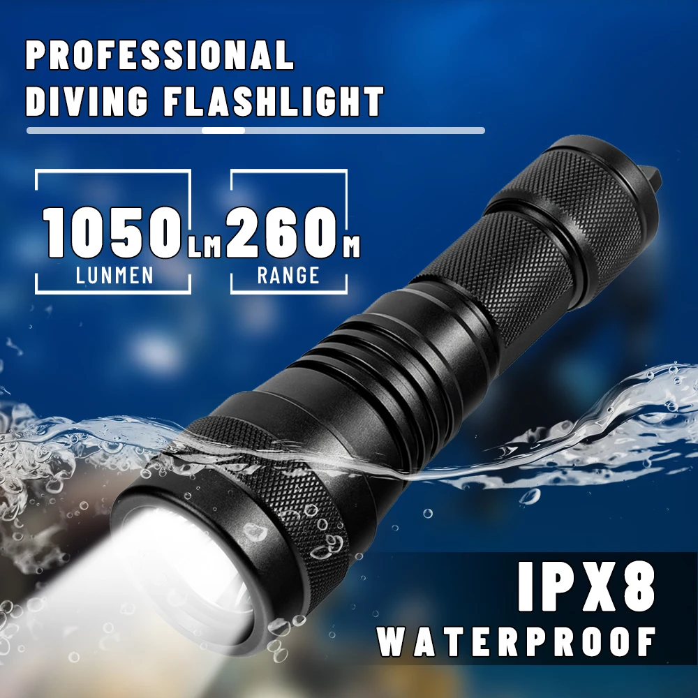 Asafee 150M Deep Diving L2 LED Flashlight 1 Mode 1050LM Rotary Switch 260M Range Scuba Dive Light IPX8 Waterproof Torch