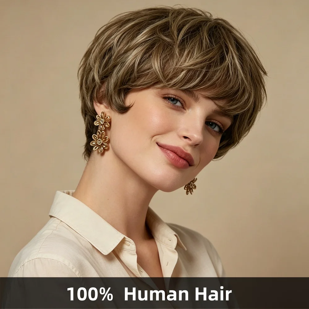 

Mixed Brown Blonde Short Layered Pixie Cut Wig with Side Bangs 100% Real Human Hair Natural Looking Full Machine Made Wig