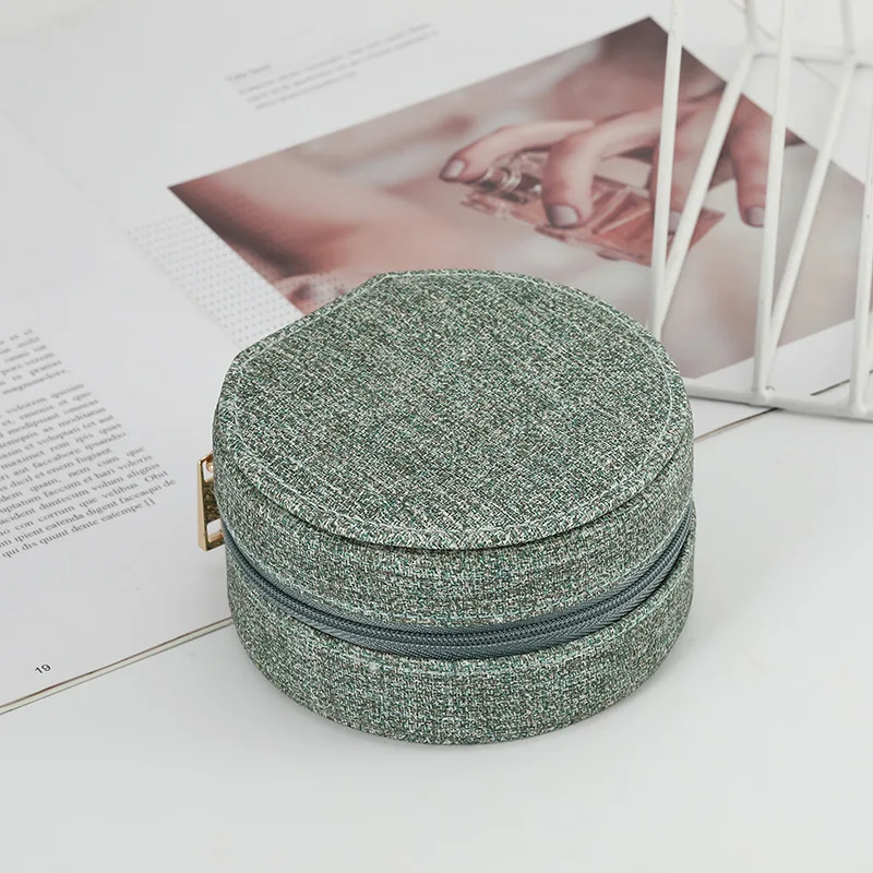 Wholesale Women Mini Circular Jewelry Box Linen PU Felt Zipper Jewel Display Case Rings Necklace Organizer Boxes Birthday Gift