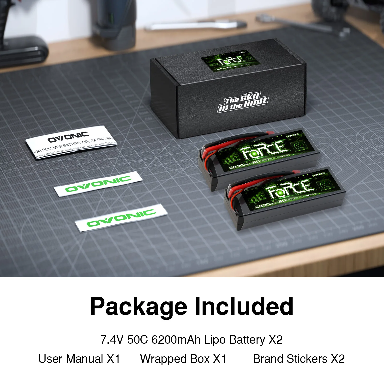 Ovonic Force 2S 7.4V 6200mAh 50C Hardcase LiPo Battery 2‑Pack Deans Plug for 1/8 1/10 RC Car Truck Boat RC Hobby Models
