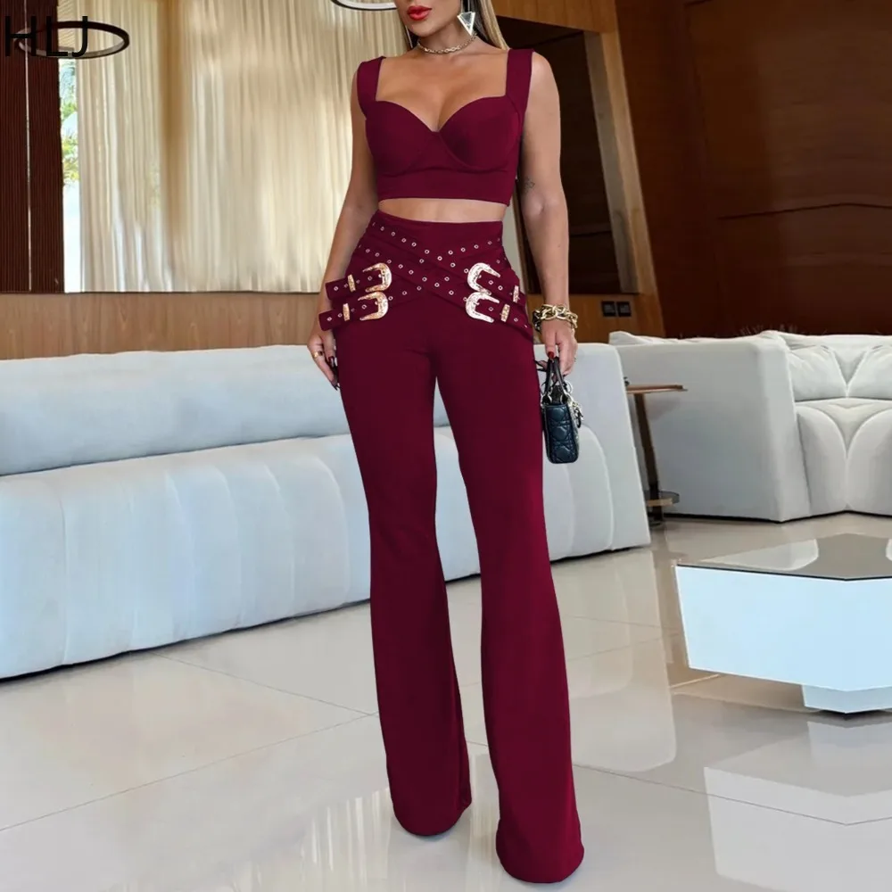 HLJ Sexy 2 Pieces Set for Woman Outfits Spaghetti Strap Sleeveless Backless Crop Top and Pants Suits Female Streetwear Clothing